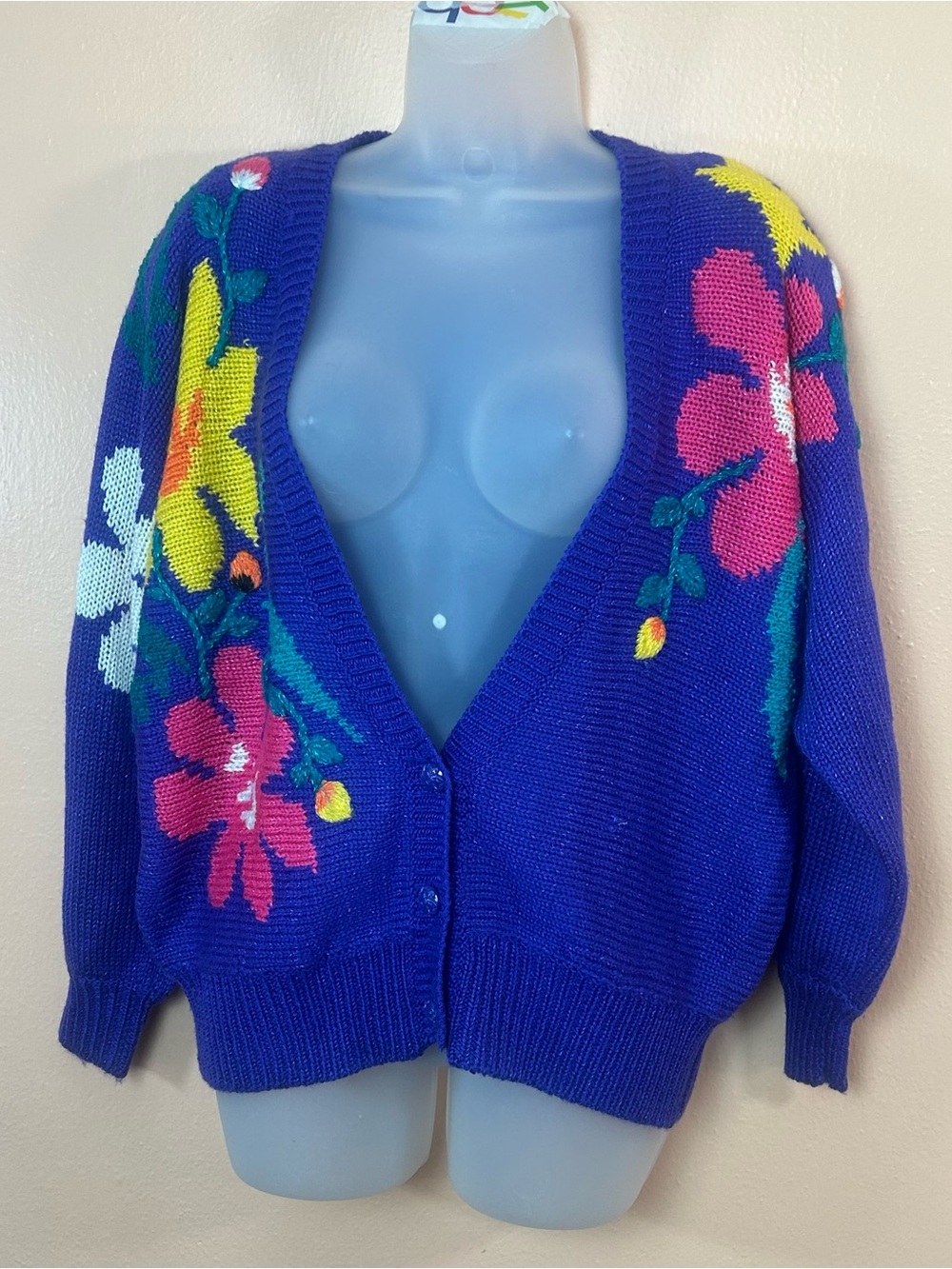 Purple Multicolor Floral V-Neck Cardigan Jaclyn Smith Vintage 80s Women L